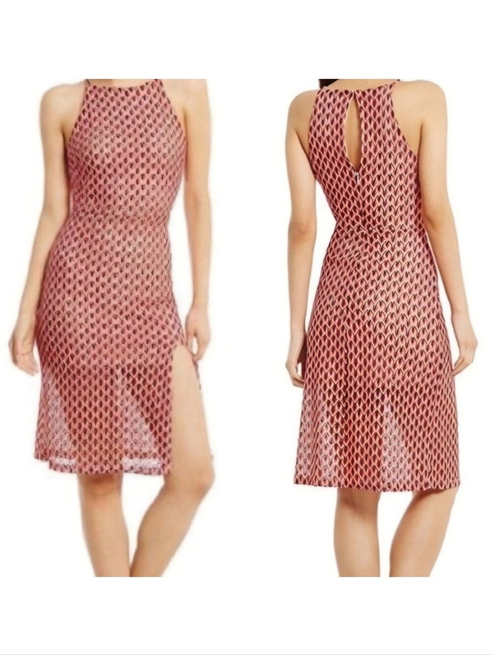 Gianni Bini Casey Geo-Print Lace Dress NWT Pink Red Halter Fitted Slit